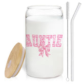 BEHIFL Pink Bow Auntie glass cup with lid and straw ideal for iced coffee