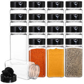 Bekith 16-pack 9 oz spice jars with black caps for organized pantry storage.