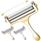 Bellemain adjustable-thickness wire cheese slicer in gold for precise slices.