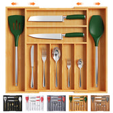 Bellsal bamboo silverware organizer in drawer keeps cutlery neatly organized for quick access.