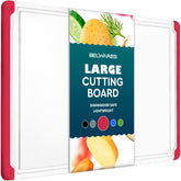 Belwares large red cutting board, top view for easy slicing and kitchen organization.