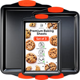 Benicci premium non-stick baking sheets set of three in varied sizes for versatile baking.