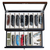 Besforu pocket knife display case with walnut top showcases blades securely.
