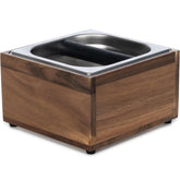 Beszone knock box espresso with acacia wood dump bin for quiet puck disposal.