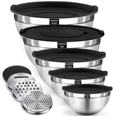 BEWOS mixing bowls with lids showcase a sleek nesting design for organized storage.