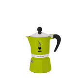 Bialetti Moka Express Rainbow Green 3-Cup front view showing vibrant finish and brand quality