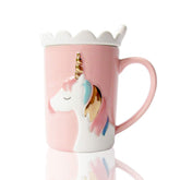 BigNoseDeer Unicorn Mug in pink with lid and spoon, ideal for cozy mornings