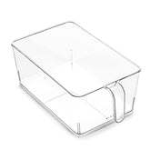 BINO clear storage organizer with built-in handles for easy fridge access.