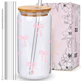 BIPEDS Coquette pink bow glass cup with lid and straw, ideal for stylish iced beverages.