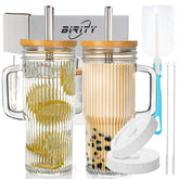 Birity 24oz ribbed glass tumbler with handle for a comfortable grip and spill resistance.