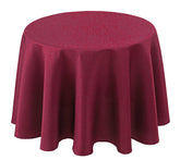 Biscaynebay Burgundy textured round tablecloth draped on a 70-inch table for elegant dinners.