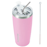 BJPKPK 20oz insulated tumbler in light pink with lid and straw, ideal for on-the-go coffee.