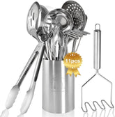 Blithely 11-piece stainless steel utensil set with holder keeps your counter organized.