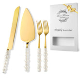 Bltnever wedding cake cutting set with pearl handle closeup, adds refined elegance to celebrations.