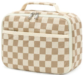 Bluboon Kids Corduroy Checkered Brown Lunch Bag with insulated lining for fresh meals at school.