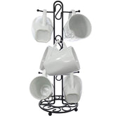 Blue Donuts farmhouse mug rack on counter displaying six mugs for easy access