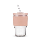 BLUEPOLAR glass bottle with pink sleeve and lid, ideal for on-the-go hydration.