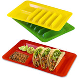BNYD taco holder stand with colorful plates keeps four tacos neatly upright for easy filling.