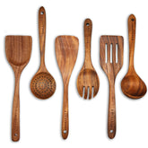 BOKALAKA grey wooden 6pc utensil set close-up showing natural teak grain and finish.
