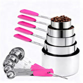 Bopei measuring cups and spoons set in stainless steel with pink handles for quick, accurate measurements.