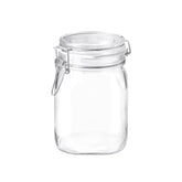 Bormioli Rocco clear glass storage jar with wide mouth for easy filling and viewing.