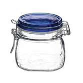 Bormioli Rocco Fido square jar with blue lid for 17-1/2-ounce pantry storage.