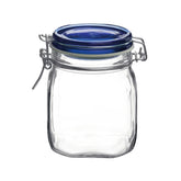 Bormioli Rocco Fido square jaw jar with blue lid, front view for versatile storage