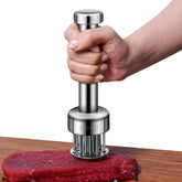 BQWII stainless steel meat tenderizer close up with 21 needles for even penetration