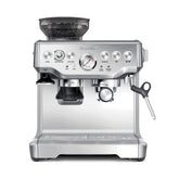Breville BES870XL front view highlights durable brushed stainless steel for daily home barista use