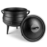 Bruntmor 6qt cauldron with lid on campfire for rich, slow-cooked stews.