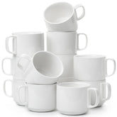 BTaT porcelain stackable mug on display, highlighting its bright white finish for easy storage.