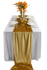 BTF Home velvet table runner close-up on gold fabric showing luxurious texture for table decor.