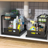 Bukfen under-sink organizer 2-tier pull-out shows easy access to bottles and cleaners.