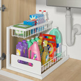 Bukfen 2-tier under-sink organizer with slide-out shelves for easy cabinet access.