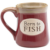 Burton+BURTON Born to Fish mug, front view with fishing motif for daily motivation.