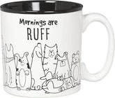 Burton and Burton mug front view with Mornings Are Ruff dog decal for coffee lovers.