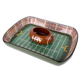 Burton football stadium chip and dip set on table, showcasing two-piece design and decorative finish