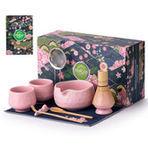 Buucup Matcha Whisk Set pink bowl with cherry blossom motif for elegant tea rituals.