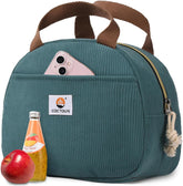 CaCTOUR Lake Green Corduroy lunch bag shows a roomy main compartment suitable for meals.