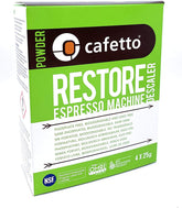 Cafetto Restore descaler sachet packaging for easy, eco-friendly cleaning.
