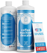 Caffe Assaggio Descaling Solution bottle removes mineral buildup for brighter coffee.