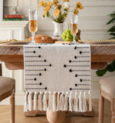 Caflife boho table runner in natural cotton with tassels, elevating dining decor.