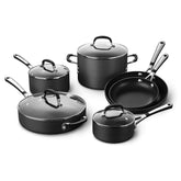 Calphalon 10-piece nonstick set, overhead view, ideal for quick, cleanup-friendly meals.