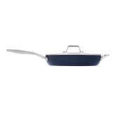 Calphalon Premier Ceramic Nonstick 12-inch pan with lid, midnight blue, for even searing.