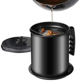 Cambom bacon grease container with fine mesh strainer for clean oil filtration.