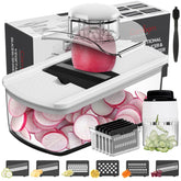 Cambom mandoline slicer with 2L container showing ample veggie storage for meal prep