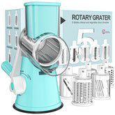 Cambom rotary cheese grater blue base in hand-crank mode for fresh shredding