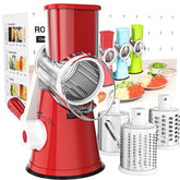 Cambom rotary cheese grater in red on counter for quick shredding and slicing.