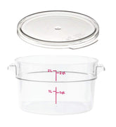Cambro Camwear 2-quart clear round container for easy contents visibility.