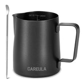 Careula milk frothing pitcher 12oz with ergonomic grip for precise latte art pours.